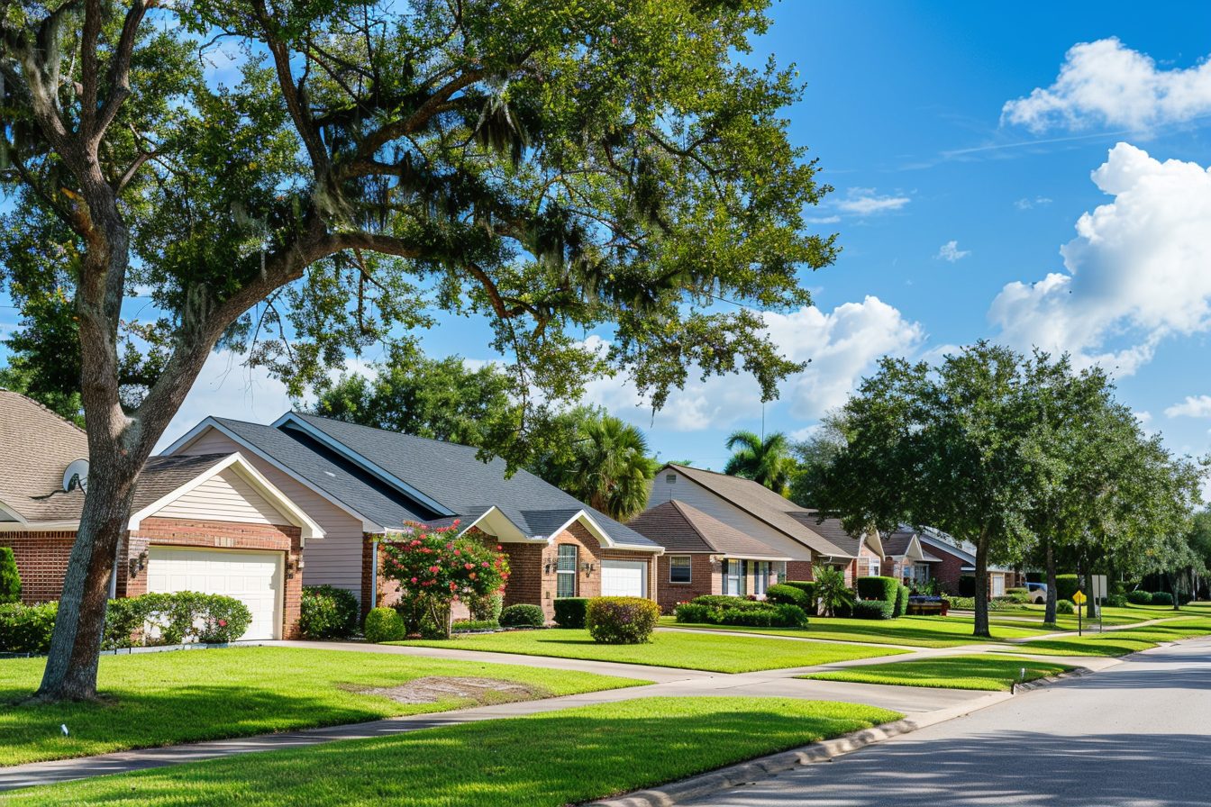 Residential neighborhood in Crestview Florida with single-family homes and mature trees