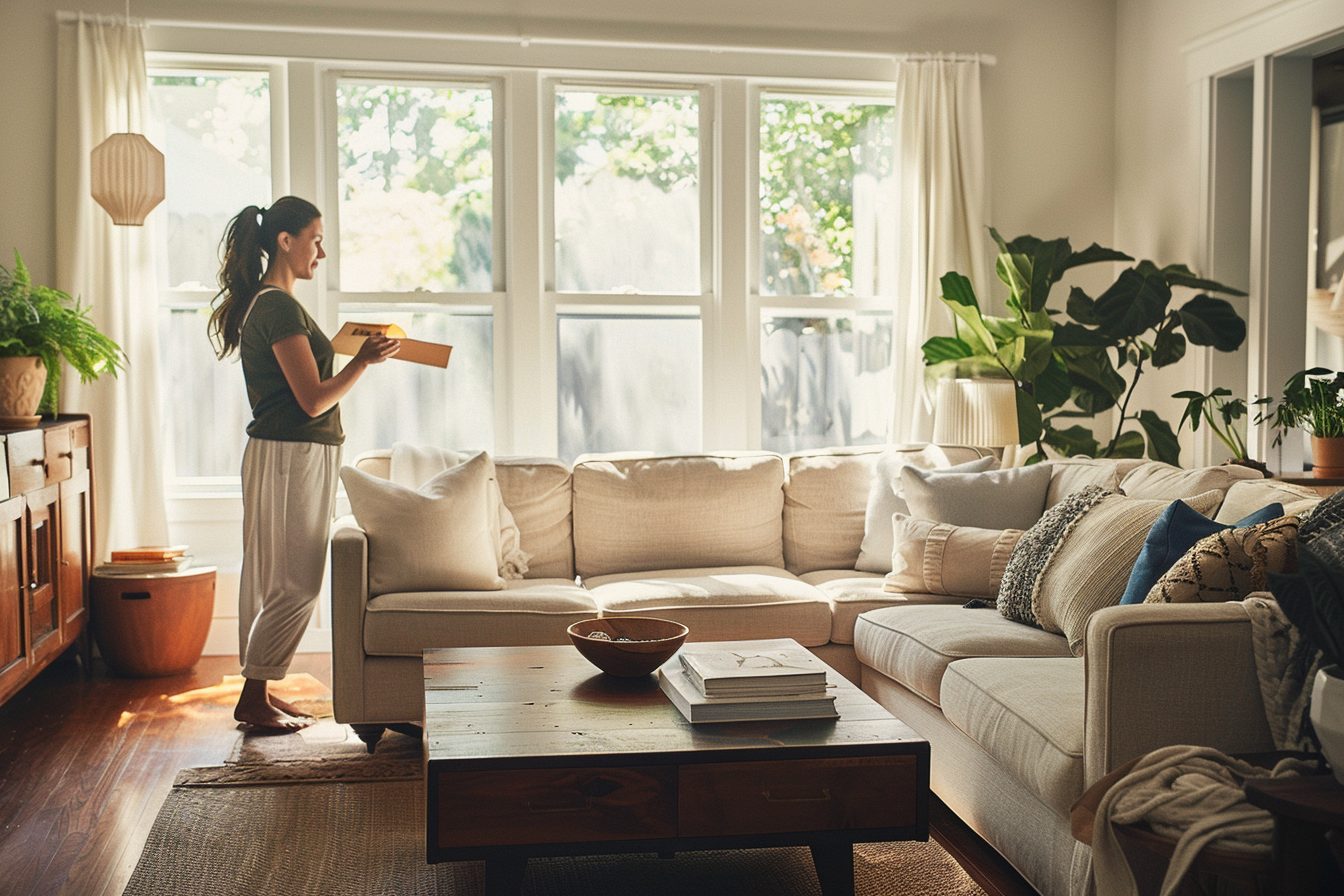 Homeowner preparing living room before listing home for sale