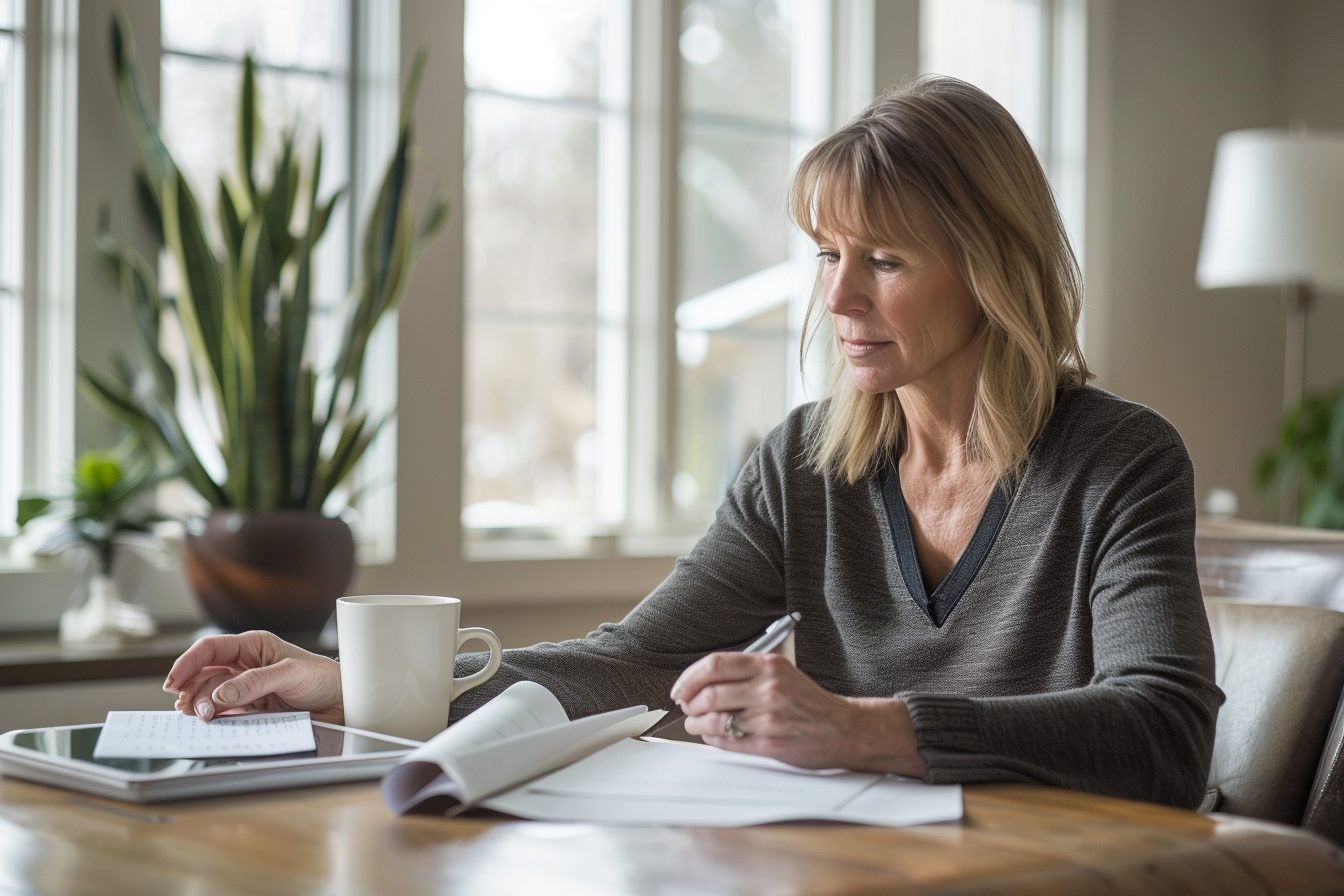 Homeowner reviewing market information calmly at a table