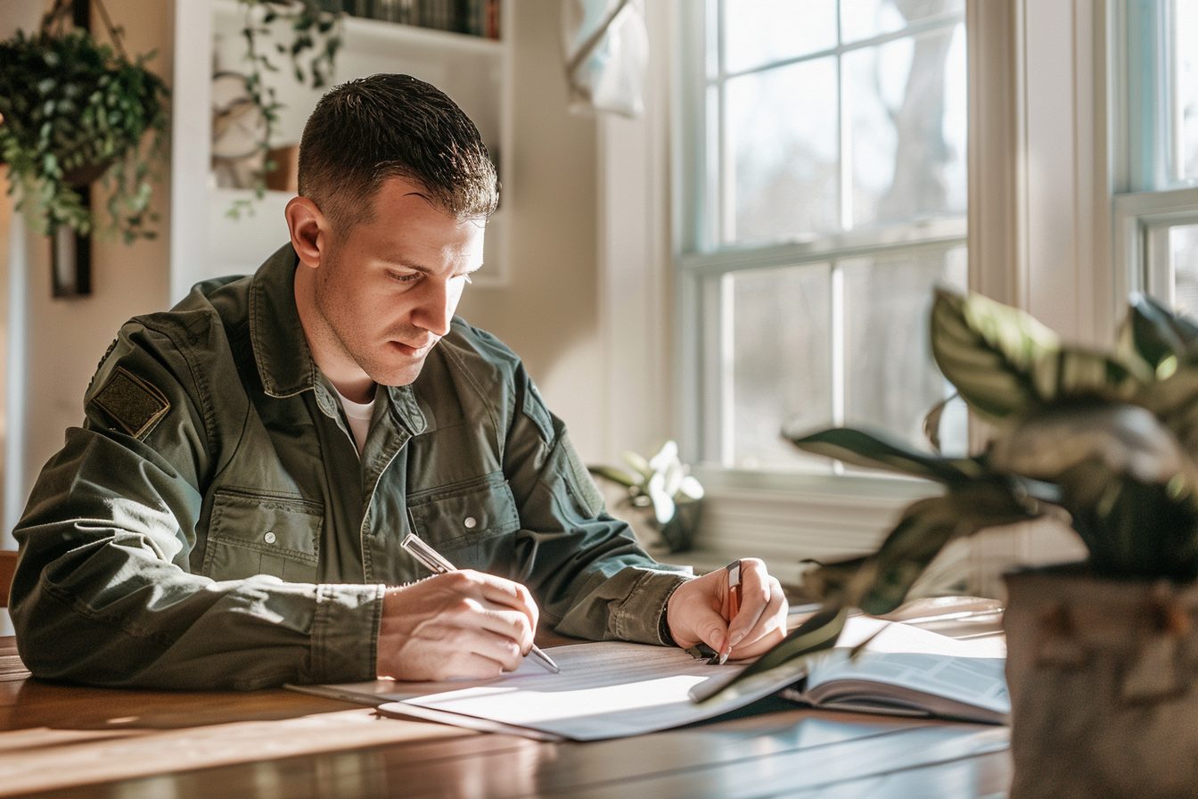 Military home buyer reviewing VA loan information with confidence