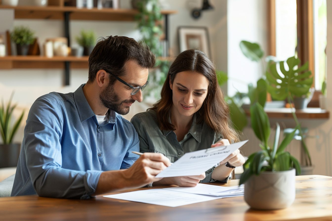 Home buyer reviewing purchase offer documents at a table