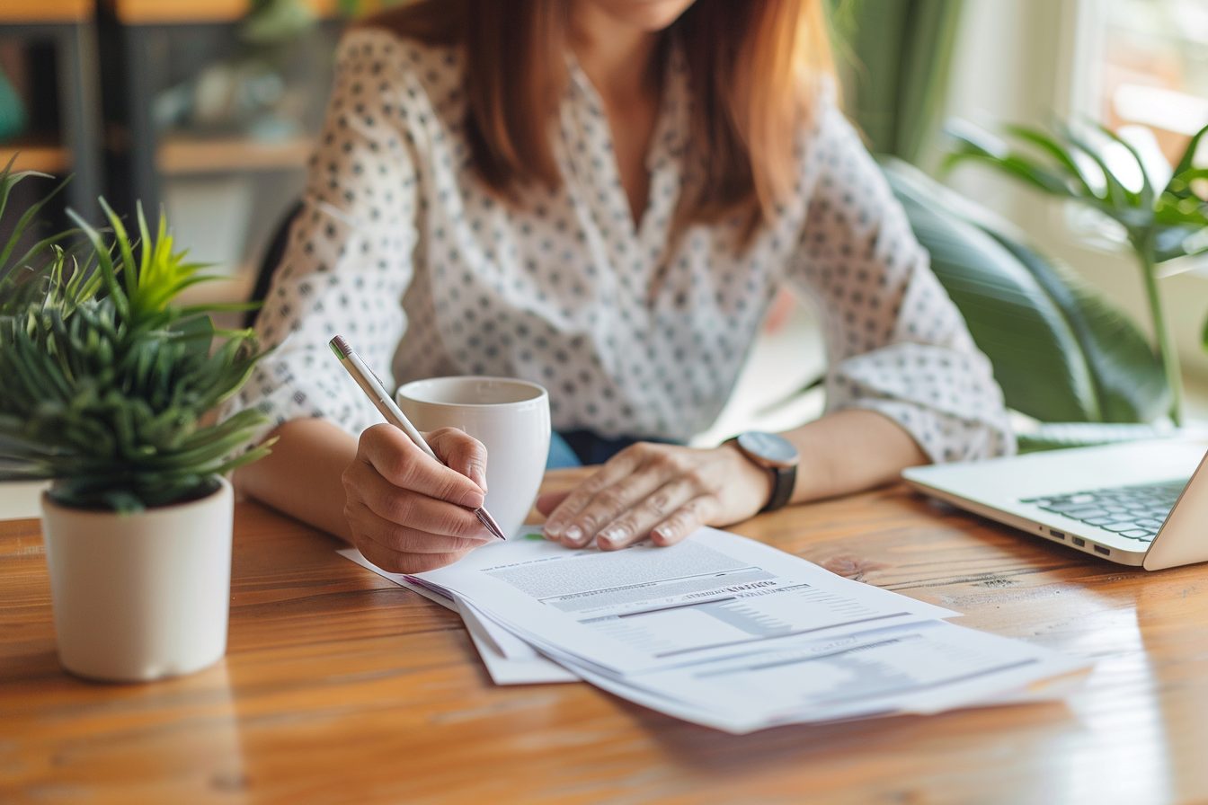 Home buyer reviewing closing cost documents at a table