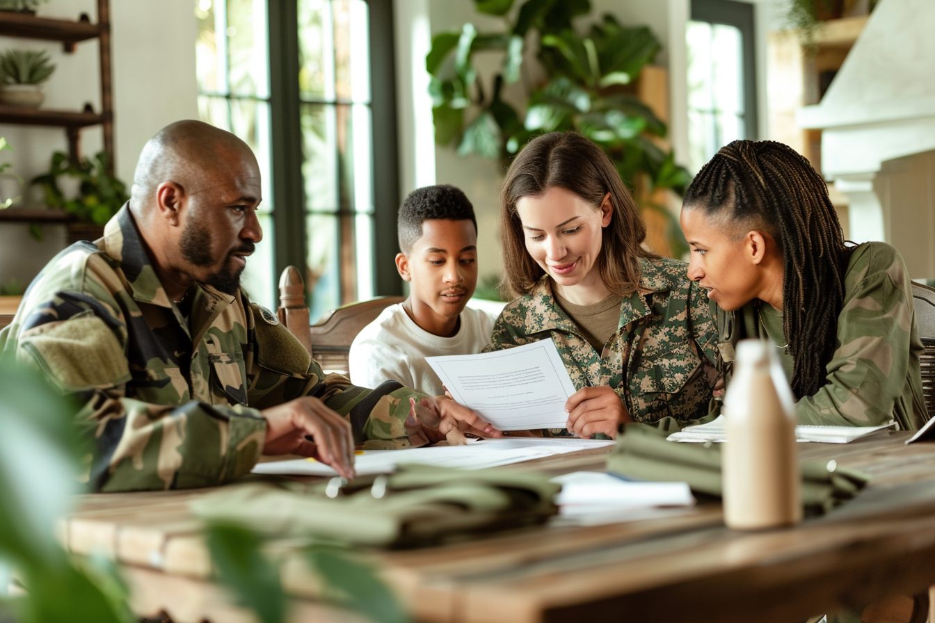 Military home buyers reviewing VA loan information with a real estate professional