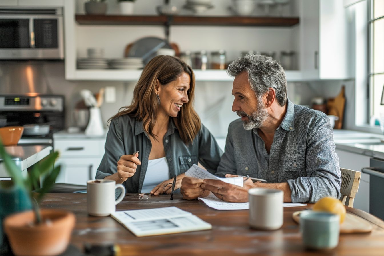 Homeowners meeting with a real estate professional to plan selling one home and buying another