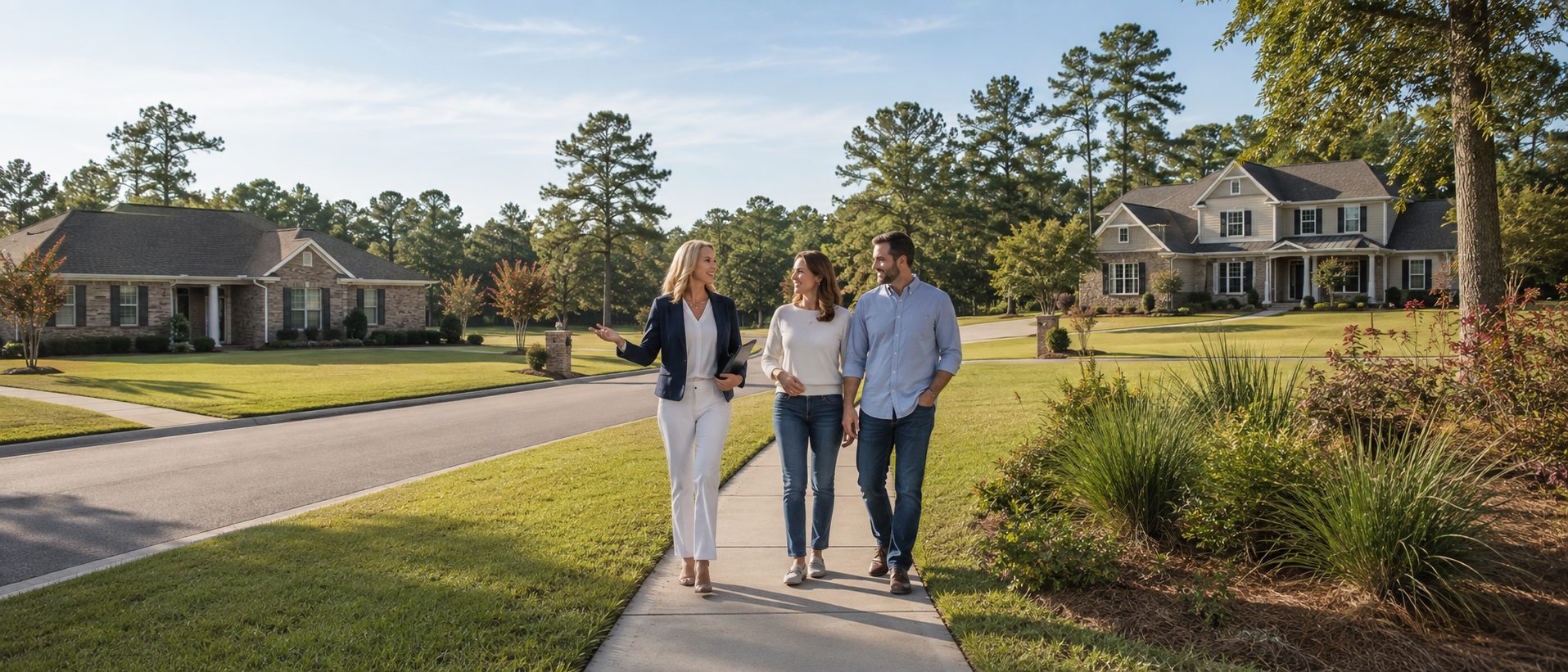 Home buyers comparing two Northwest Florida homes with their real estate agent while discussing lifestyle needs.