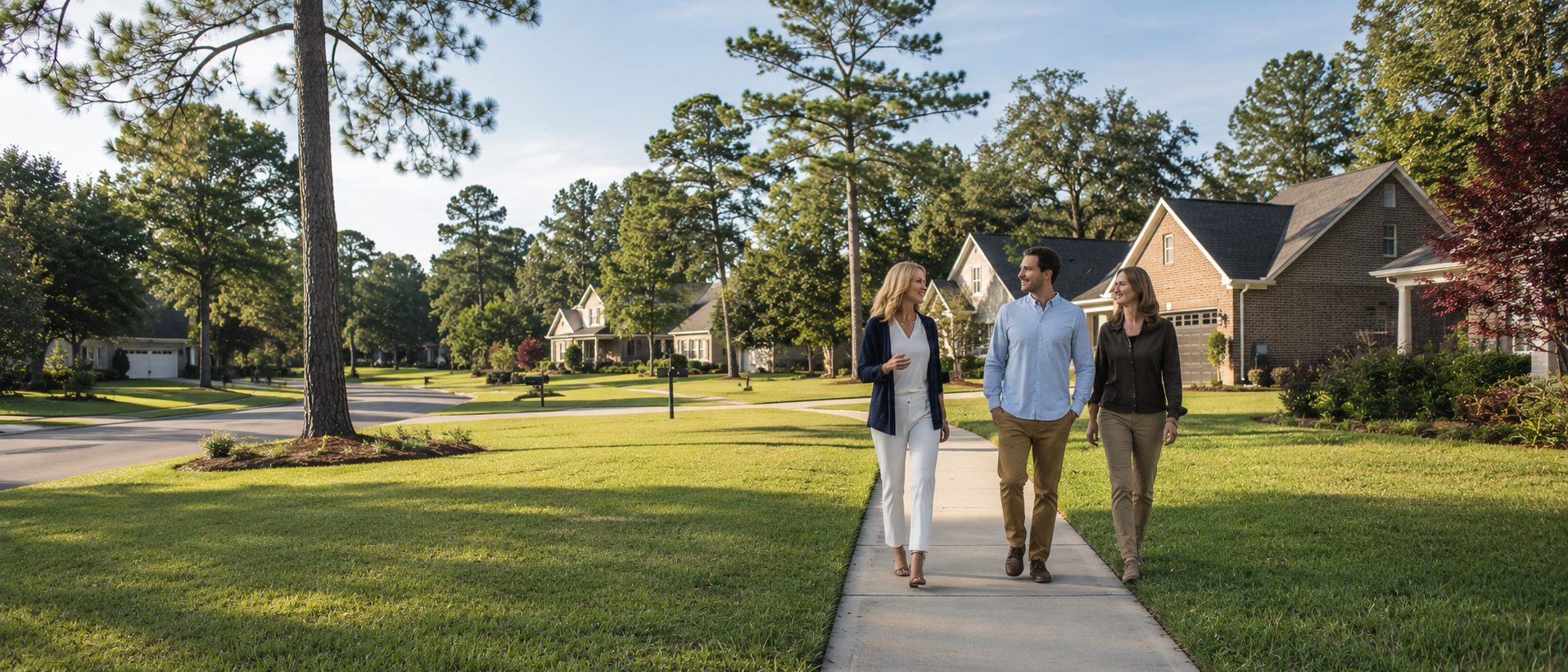 Homeowners walking through a Northwest Florida neighborhood while discussing their next move with a real estate professional.