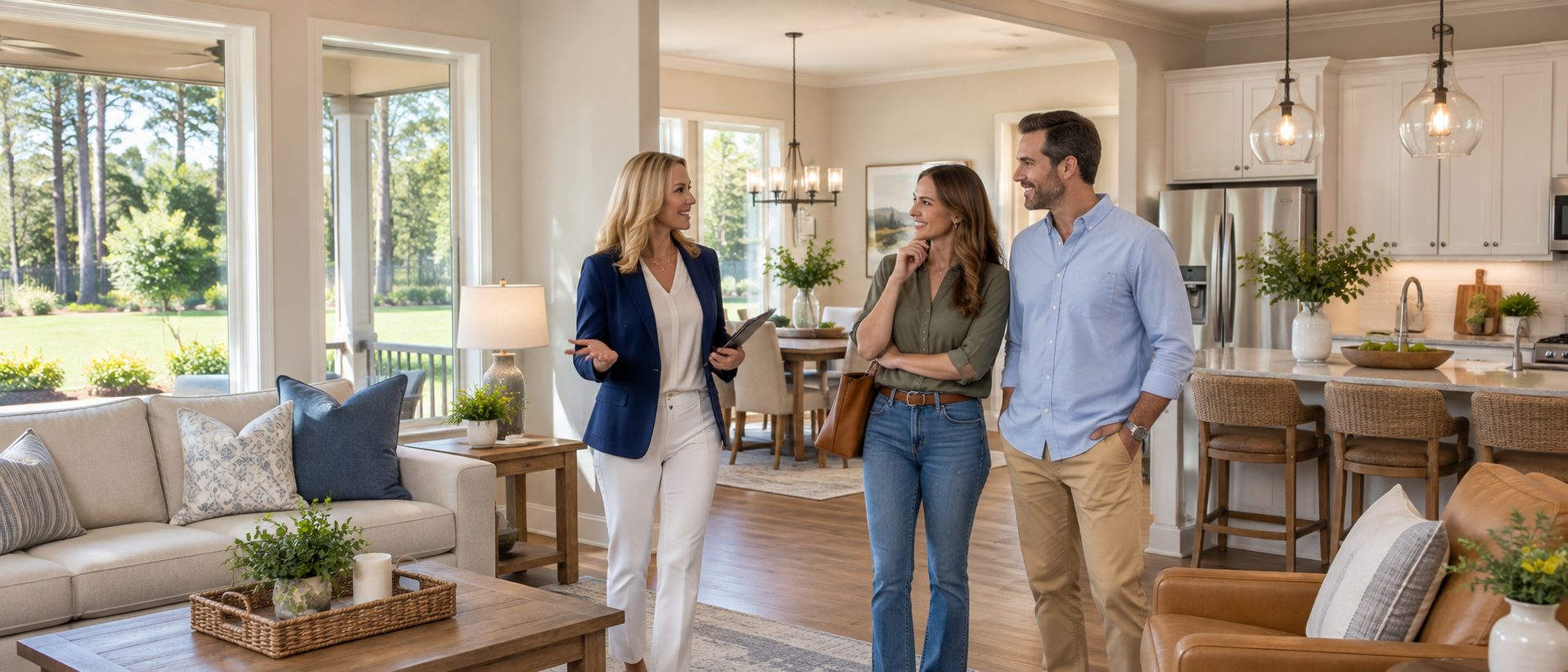 Home buyers discussing their priorities with a real estate agent while evaluating a Northwest Florida home.