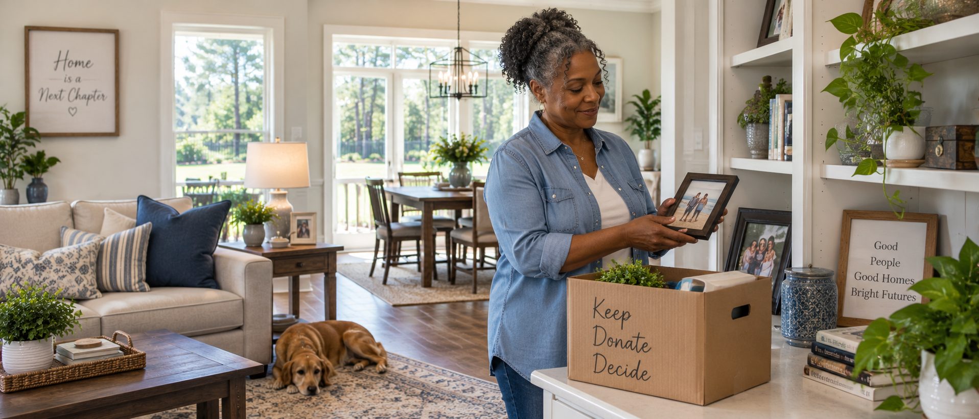 Homeowner gradually organizing belongings while preparing for a possible future home sale.