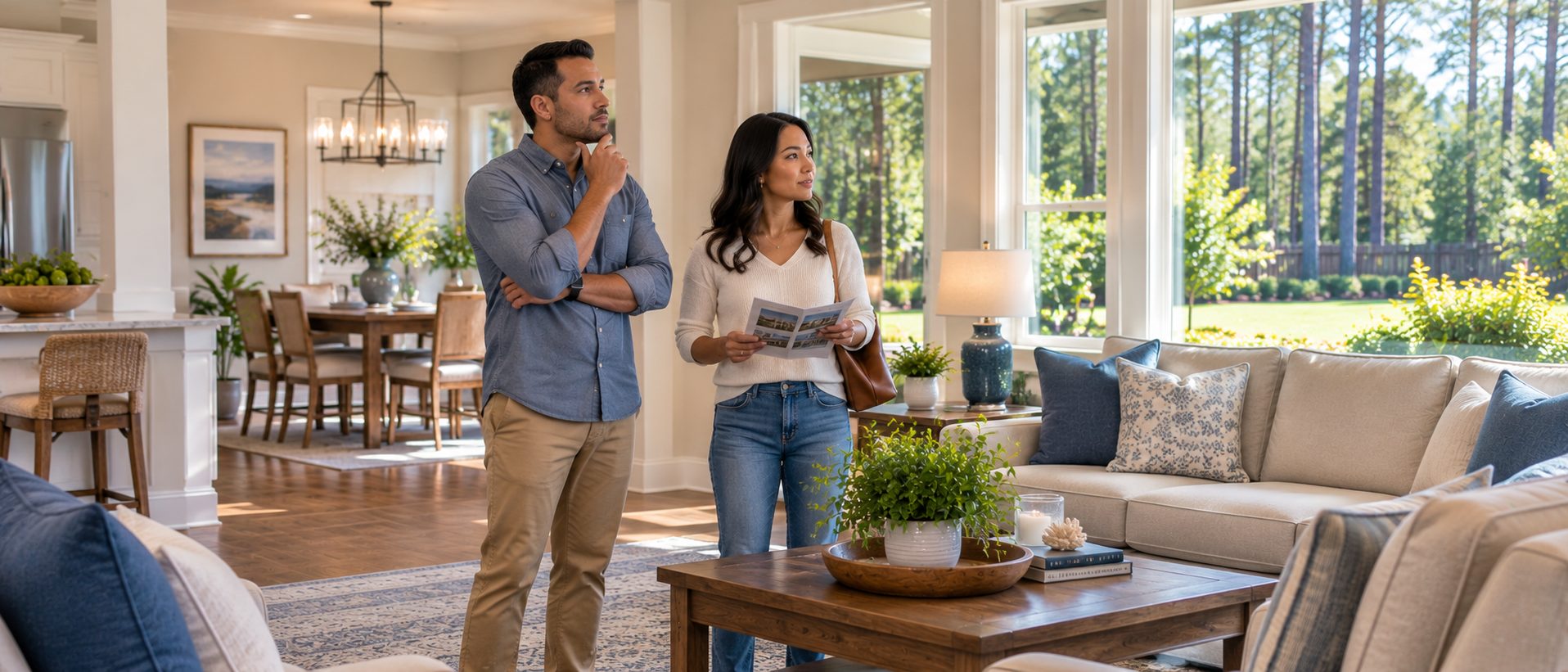 Couple evaluating the layout and living space of a Northwest Florida home during a home tour.