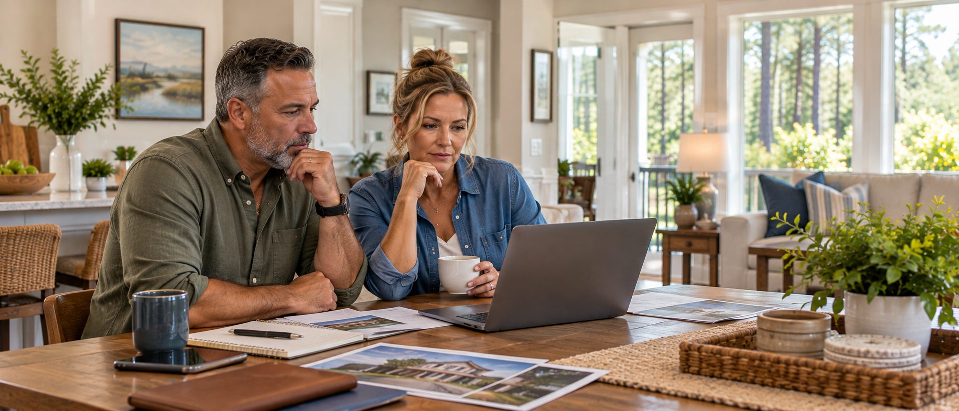 Homeowners reviewing real estate listing information on a laptop at their kitchen table.